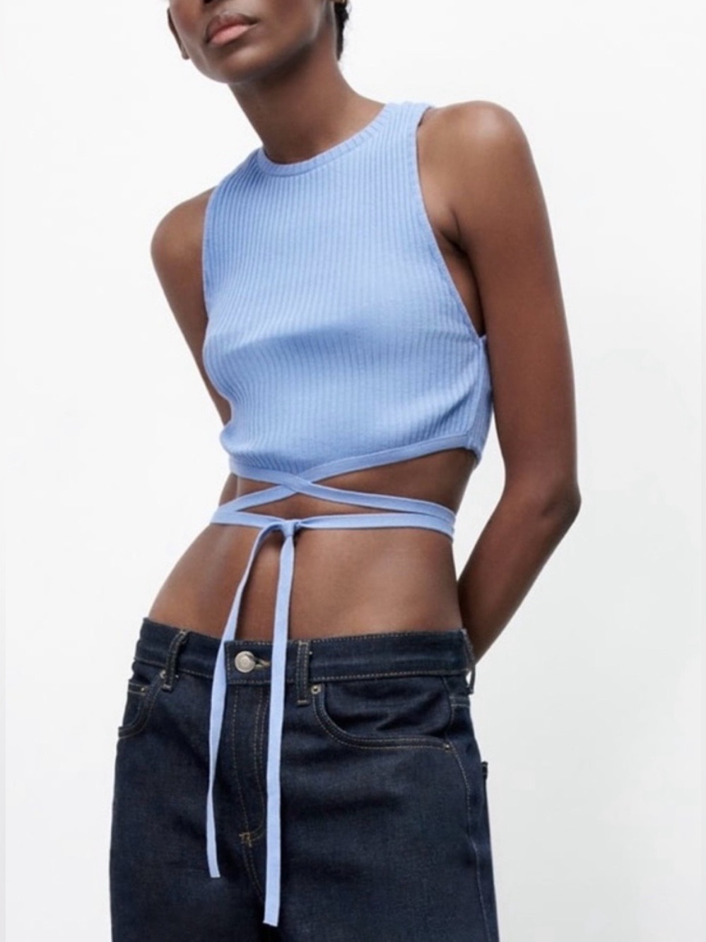 Zara Blue Ribbed Tie Waist Crop Tank Top Medium Sleeveless Wrap Around Stretch